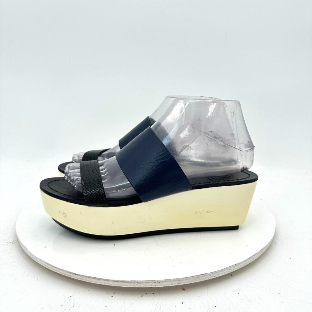 Tory Burch Women Size 6.5M Black Leather Open Toe White Sole Wedges Sandal